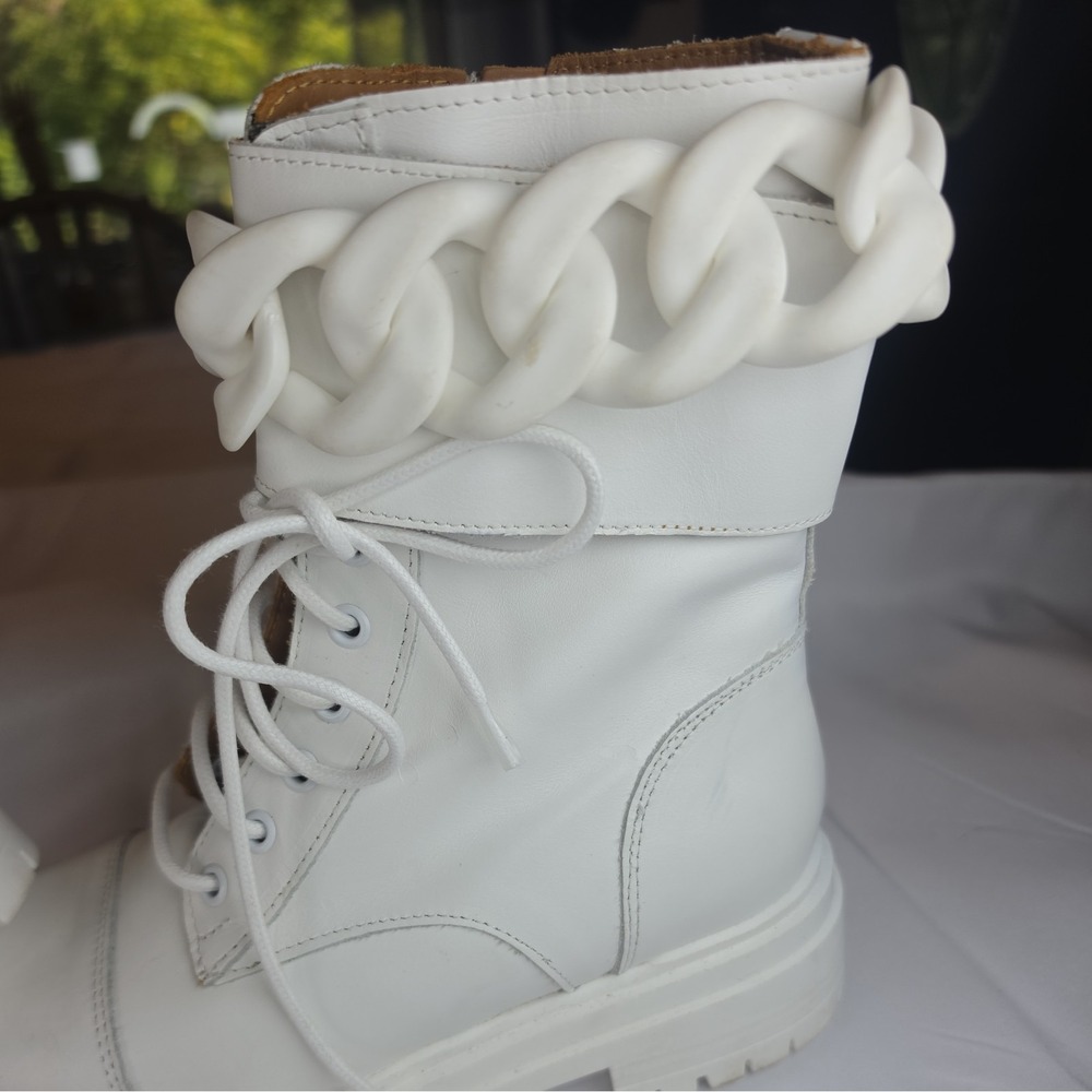 Beautisoles White Leather Combat Boots W Chain Detail. Zip w Tie Closure (35) - Picture 7 of 11